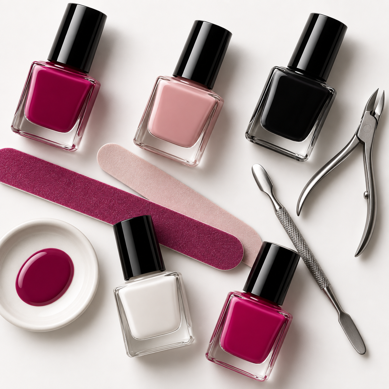 Illustrative flat-lay of nail polish bottles and manicure tools in pink, black, and white